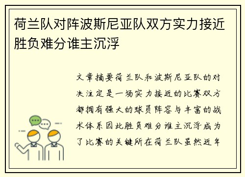 荷兰队对阵波斯尼亚队双方实力接近胜负难分谁主沉浮