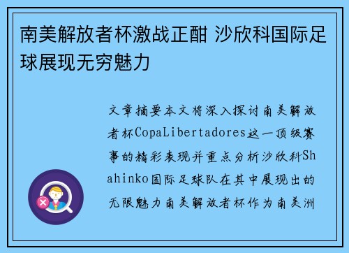 南美解放者杯激战正酣 沙欣科国际足球展现无穷魅力