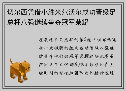 切尔西凭借小胜米尔沃尔成功晋级足总杯八强继续争夺冠军荣耀