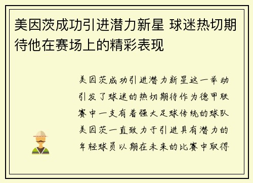 美因茨成功引进潜力新星 球迷热切期待他在赛场上的精彩表现