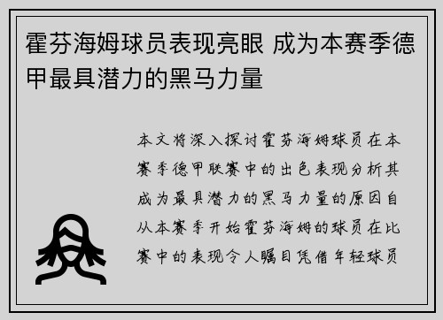 霍芬海姆球员表现亮眼 成为本赛季德甲最具潜力的黑马力量