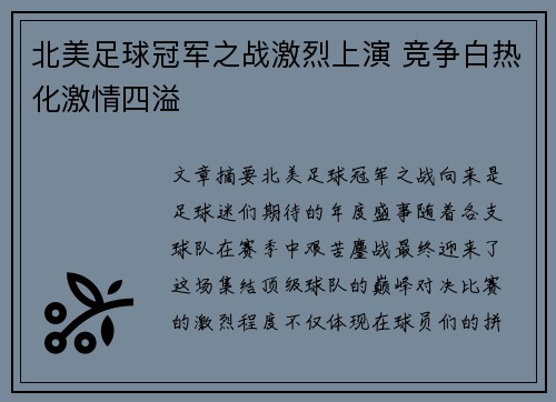 北美足球冠军之战激烈上演 竞争白热化激情四溢